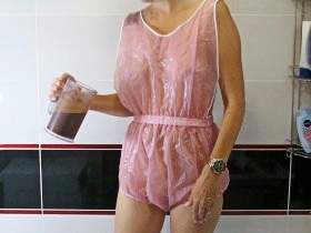 Chocolate pudding in pink PVC b*bydoll