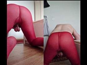 Nylon Horny in red pantyhose