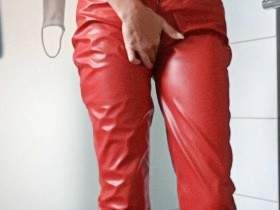 Pissed in red leather pants for users