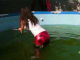 Nikki in Waders and red Slinkystylez Leggins in a pool
