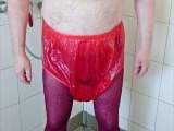 Incontinence fun in hot pantyhose and rubber pants