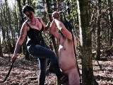 Slave training in the forest in Wellies