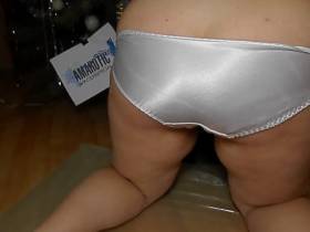 Scat in white silk panties