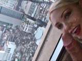 Part 3. Mega horny blonde fucked and mega public injected mega load in the face at the window.