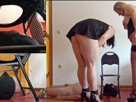 A teen and a milf fill a slave with their shit! Split screen version