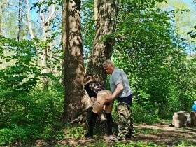 Masturbation of a horny brunette in the forest