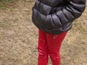 Christina in down jacket, leggings and boots