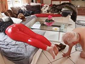 Red latex, horny feet and jerk off