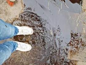 Princess plays with sports shoes of her girlfriend in stinkige puddle