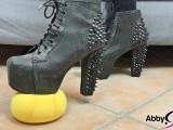Horny studded heels trample your slaves eggs