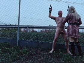 (Outdoor Session)Mistress waxes your nipples on the highway fence!