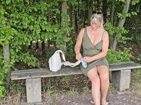 Horny dirty talk on the bench in the forest