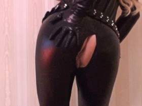 Fuck me through the tight leather catsuit in my ass