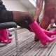 Licking slave is allowed to clean rubber boots with sperm sprayed on them