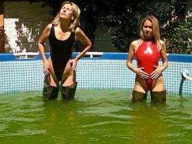 With Christina in Slinkystylez rubber swimsuits and waders in the pool