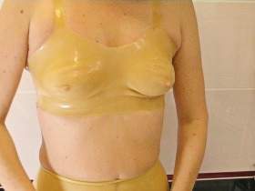 Transparent latex shower with bathing cap