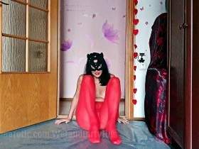 Natalia wrote in red nylon tights