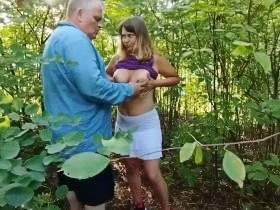 Oral with cum on big tits in garden