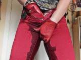 bang tight red satin pants and red leather gloves