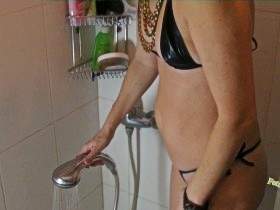 Shower scene with and without micro wetlook bikini