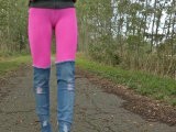 Pink leggings, buttocks and jeans boots