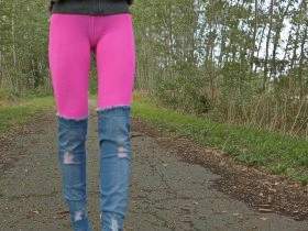 Pink leggings, buttocks and jeans boots