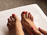 Red-painted toenails
