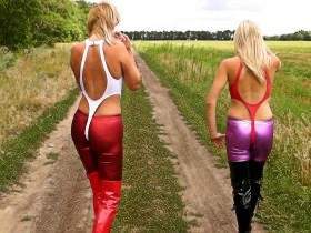 2 blondes in spandex and boots