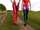 2 blondes in spandex and boots