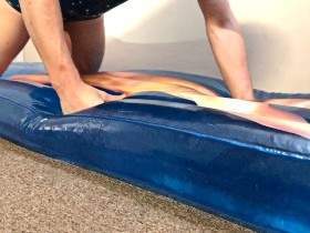Fucking water-filled blue Beach Bum Barry inflatable mattress