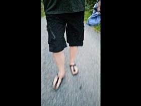 Out and about with nylon feet in Birkenstocks in the morning