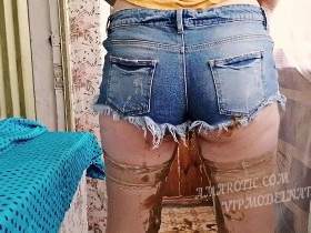 Liquid diarrhea in denim shorts
