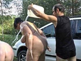 Fat women wash a car 3