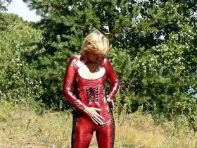 Outdoors in sexy Spandex Catsuit