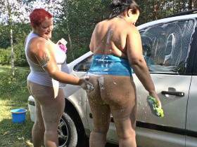 Fat women wash a car 1