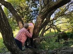 Licking pussy next to tree