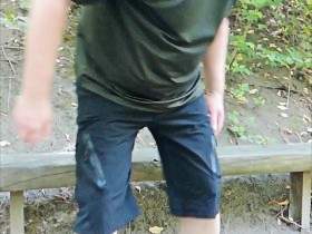 Hot jerking off in pantyhose on bench in the forest