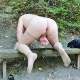 Hot jerking off in pantyhose on bench in the forest