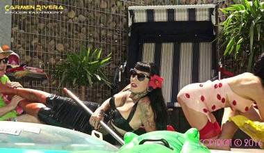 Carmen Rivera & Lady Vampira are celebrating a pool party with their slaves in the Femdom Empire Part 3